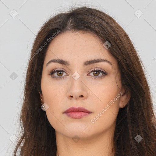 Neutral white young-adult female with long  brown hair and brown eyes