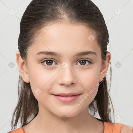 Joyful white child female with medium  brown hair and brown eyes