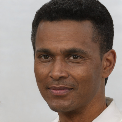 Neutral black adult male with short  black hair and brown eyes