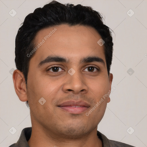 Neutral latino young-adult male with short  black hair and brown eyes