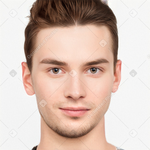 Neutral white young-adult male with short  brown hair and brown eyes