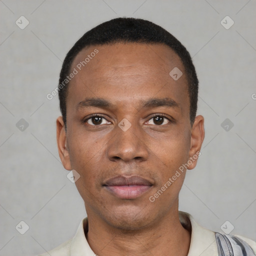 Neutral latino young-adult male with short  black hair and brown eyes