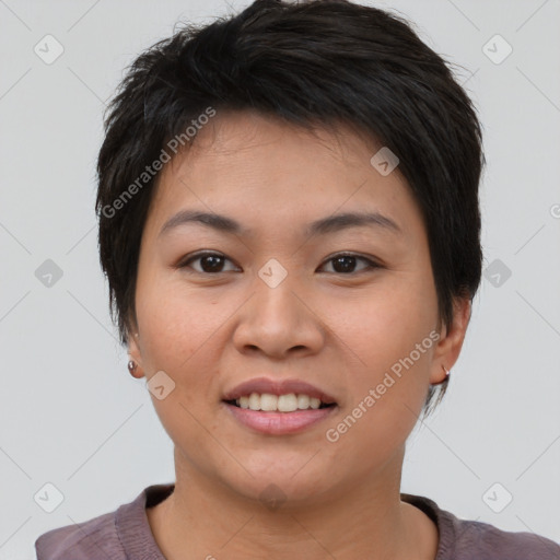 Joyful asian young-adult female with short  brown hair and brown eyes