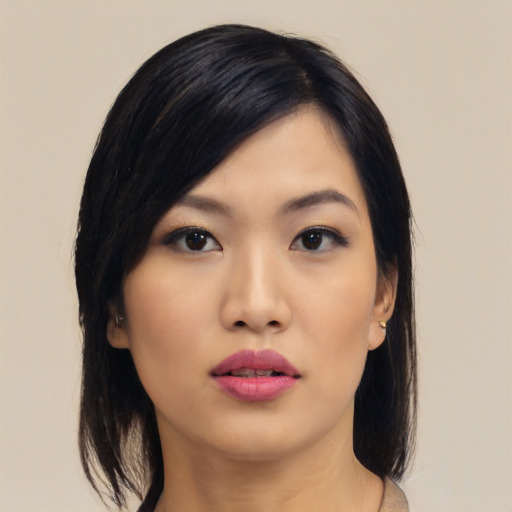 Neutral asian young-adult female with medium  black hair and brown eyes