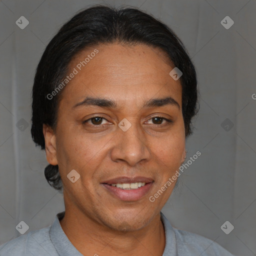 Joyful white adult female with short  brown hair and brown eyes