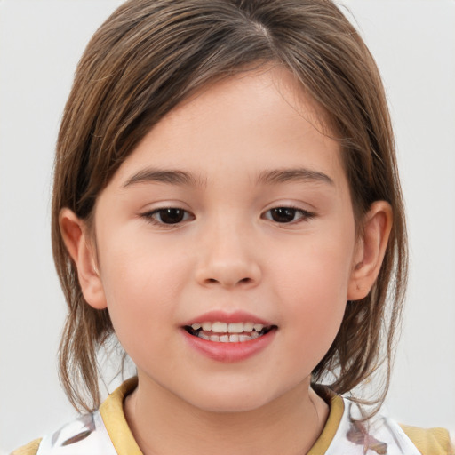 Joyful white child female with medium  brown hair and brown eyes