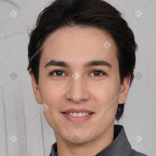 Joyful white young-adult male with short  black hair and brown eyes