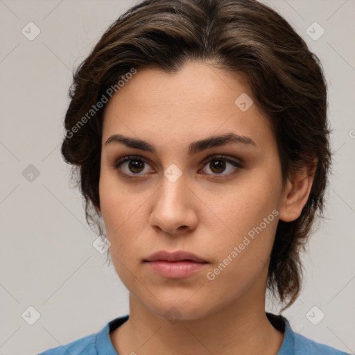 Neutral white young-adult female with medium  brown hair and brown eyes