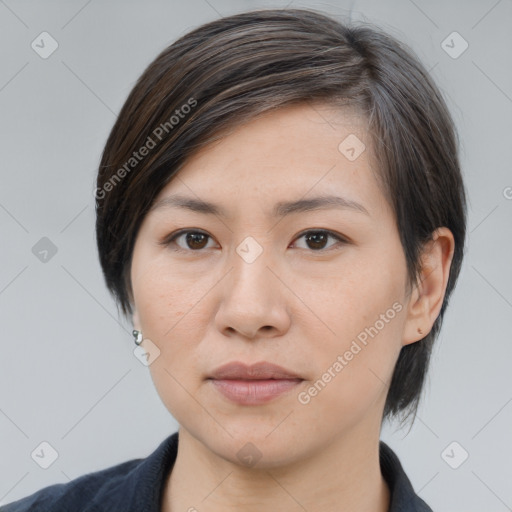 Neutral white young-adult female with medium  brown hair and brown eyes