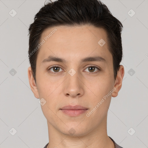 Neutral white young-adult male with short  brown hair and brown eyes