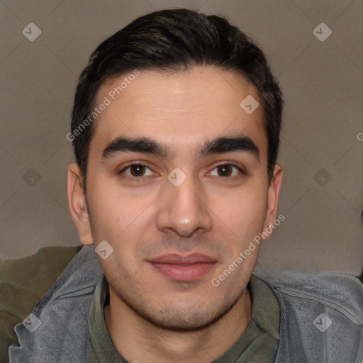 Joyful white young-adult male with short  black hair and brown eyes