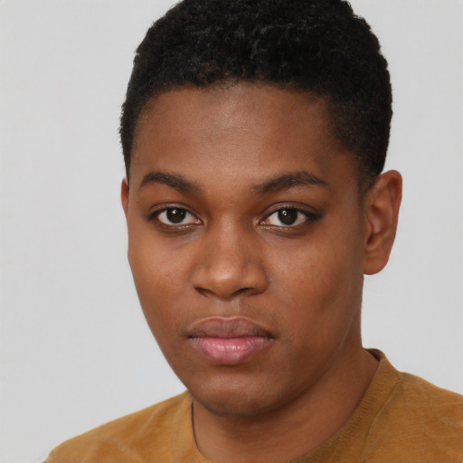 Neutral black young-adult female with short  black hair and brown eyes