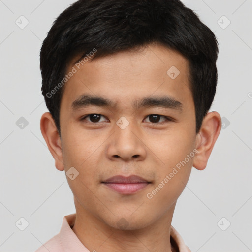 Neutral asian young-adult male with short  brown hair and brown eyes