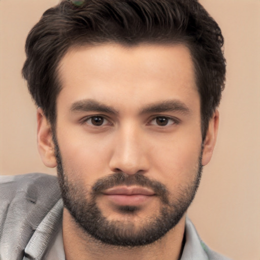 Neutral white young-adult male with short  black hair and brown eyes