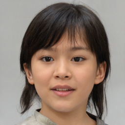 Joyful white child female with medium  brown hair and brown eyes