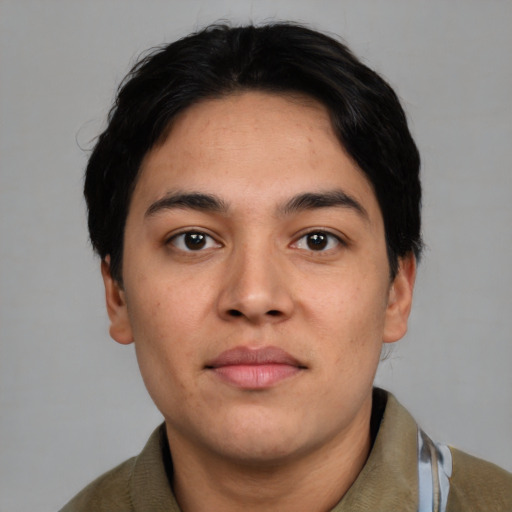 Neutral asian young-adult male with short  black hair and brown eyes