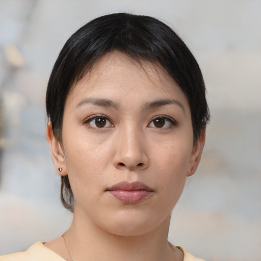 Neutral white young-adult female with medium  black hair and brown eyes