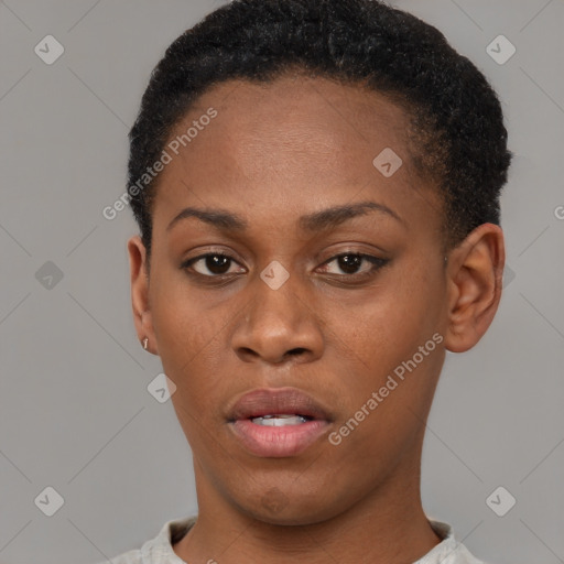 Neutral black young-adult female with short  black hair and brown eyes