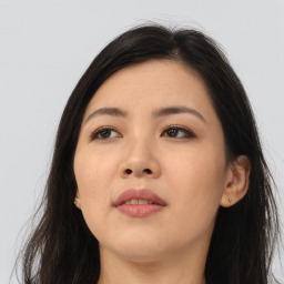 Neutral asian young-adult female with long  brown hair and brown eyes