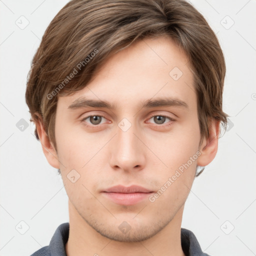 Neutral white young-adult male with short  brown hair and grey eyes