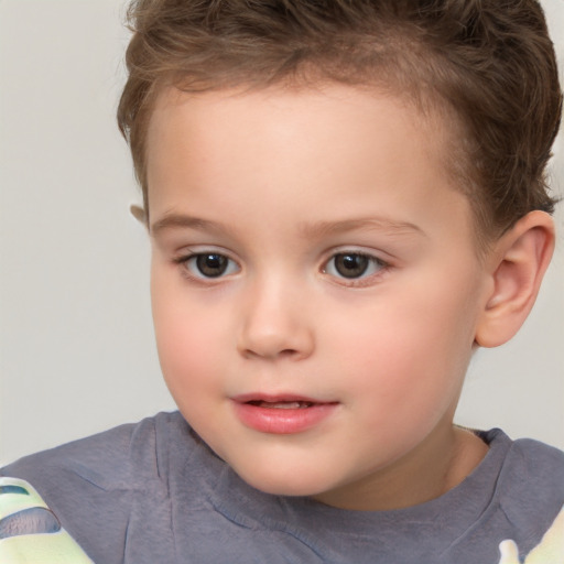 Joyful white child female with short  brown hair and brown eyes