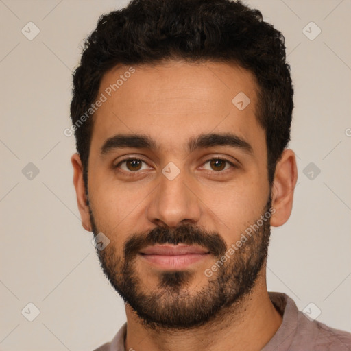 Neutral latino young-adult male with short  black hair and brown eyes