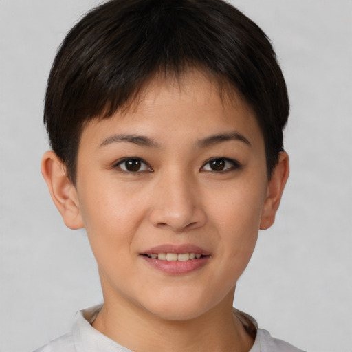 Joyful asian young-adult female with short  brown hair and brown eyes
