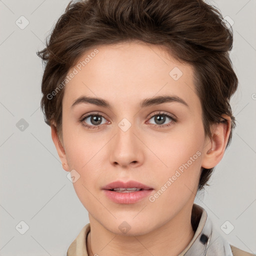 Neutral white young-adult female with short  brown hair and brown eyes