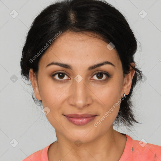 Joyful latino young-adult female with medium  brown hair and brown eyes