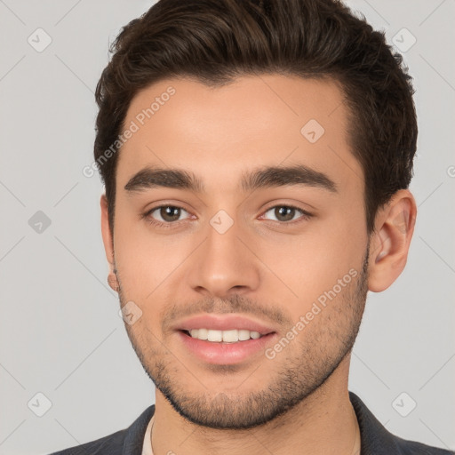 Joyful white young-adult male with short  brown hair and brown eyes