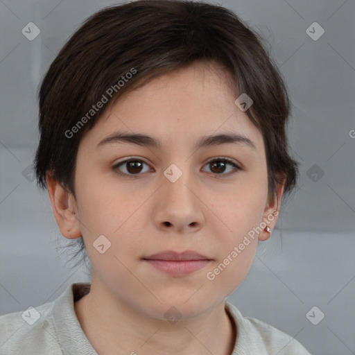 Neutral white young-adult female with short  brown hair and brown eyes