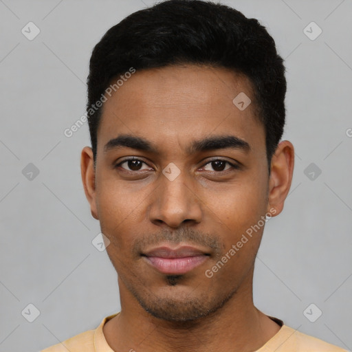 Neutral latino young-adult male with short  black hair and brown eyes