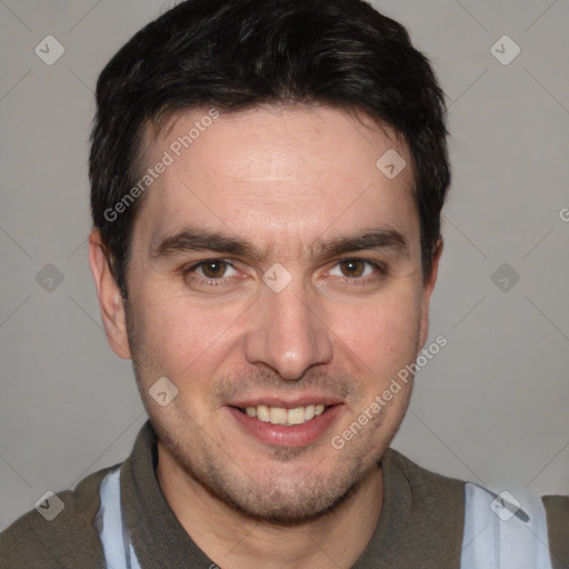 Joyful white young-adult male with short  brown hair and brown eyes