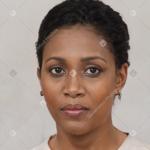 Joyful black young-adult female with short  black hair and brown eyes