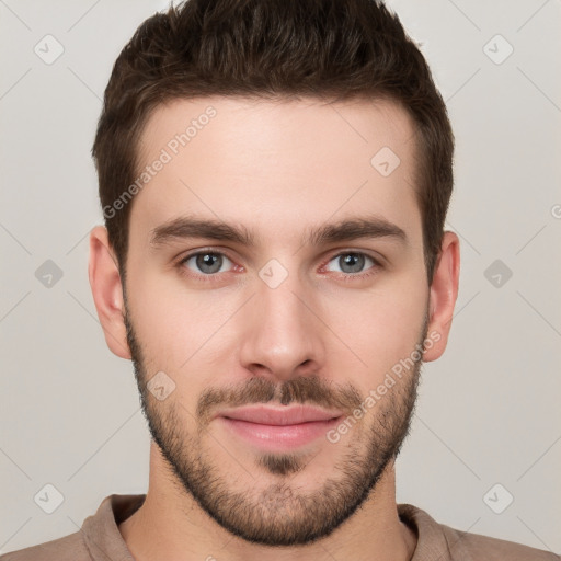 Neutral white young-adult male with short  brown hair and brown eyes