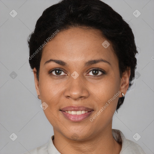 Joyful latino adult female with short  black hair and brown eyes