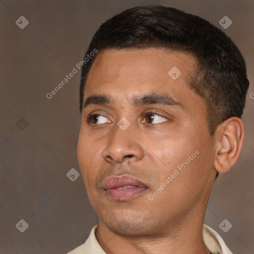 Neutral black young-adult male with short  black hair and brown eyes
