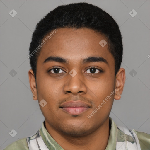 Neutral black young-adult male with short  black hair and brown eyes
