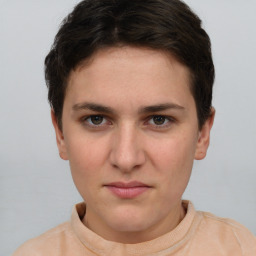 Neutral white young-adult female with short  brown hair and brown eyes