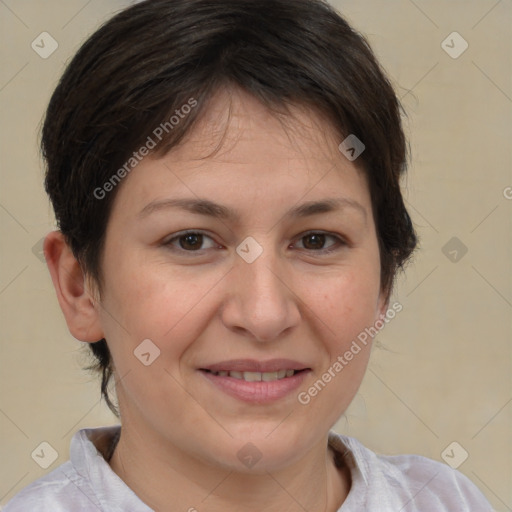 Joyful white young-adult female with medium  brown hair and brown eyes