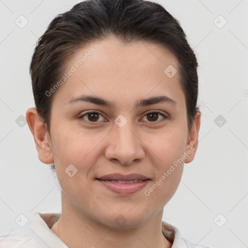 Joyful white young-adult female with short  brown hair and brown eyes