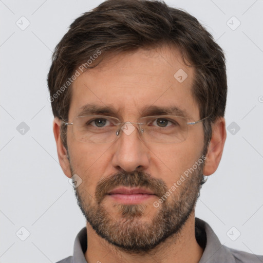 Neutral white adult male with short  brown hair and brown eyes