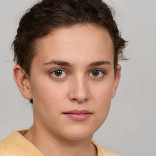 Neutral white young-adult female with short  brown hair and brown eyes