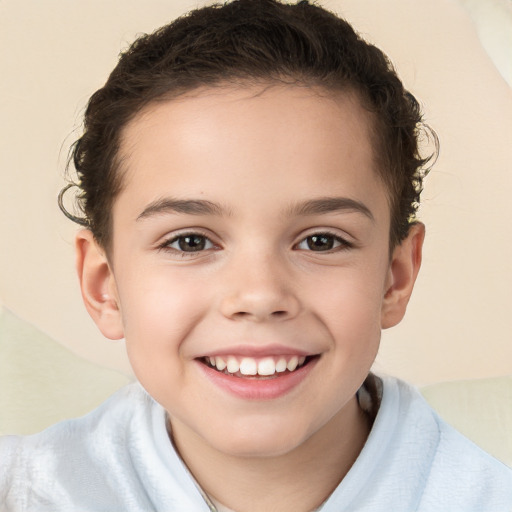 Joyful white child female with short  brown hair and brown eyes