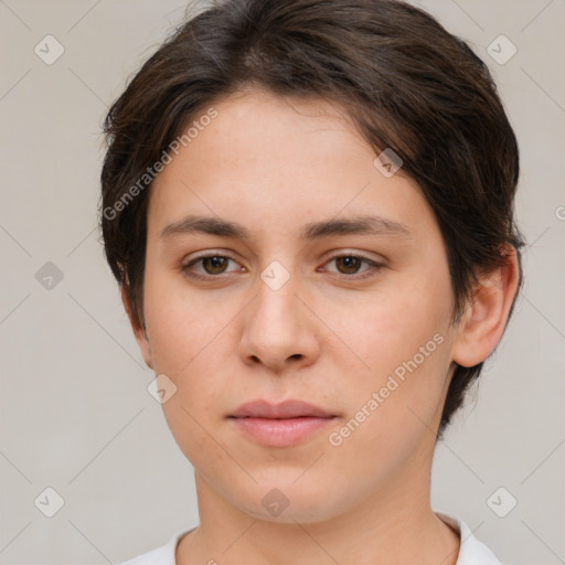 Neutral white young-adult female with short  brown hair and brown eyes