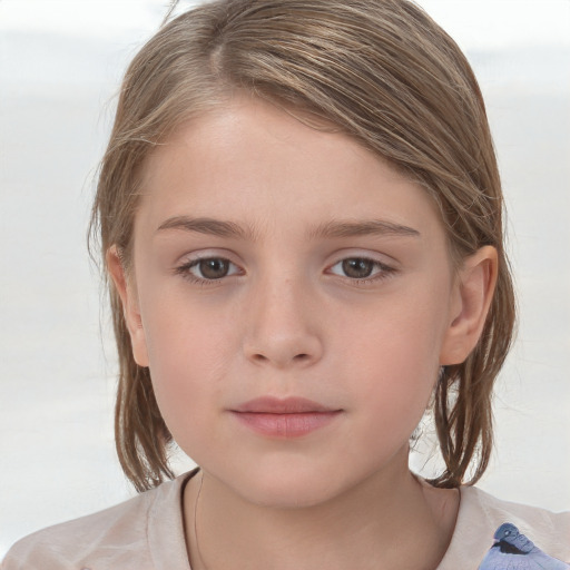 Neutral white child female with medium  brown hair and grey eyes