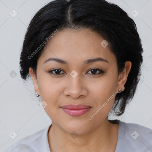 Joyful latino young-adult female with medium  brown hair and brown eyes