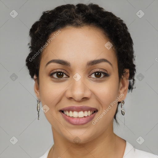 Joyful latino young-adult female with short  brown hair and brown eyes