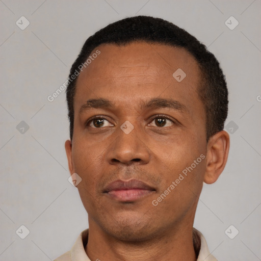 Neutral black adult male with short  black hair and brown eyes