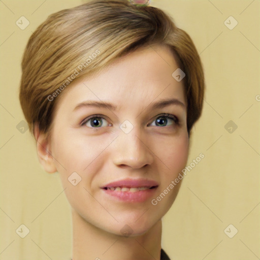 Joyful white young-adult female with short  brown hair and brown eyes